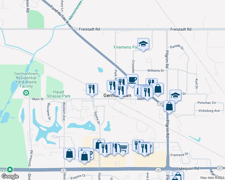 map of restaurants, bars, coffee shops, grocery stores, and more near N116W16218 Main Street in Germantown