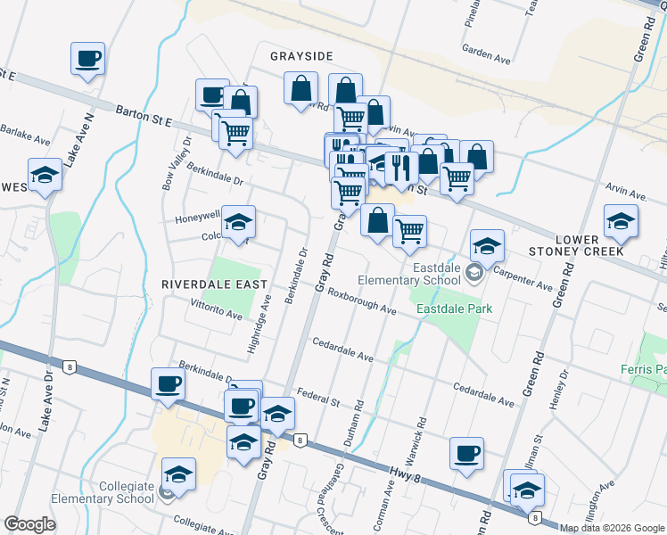 map of restaurants, bars, coffee shops, grocery stores, and more near in Hamilton