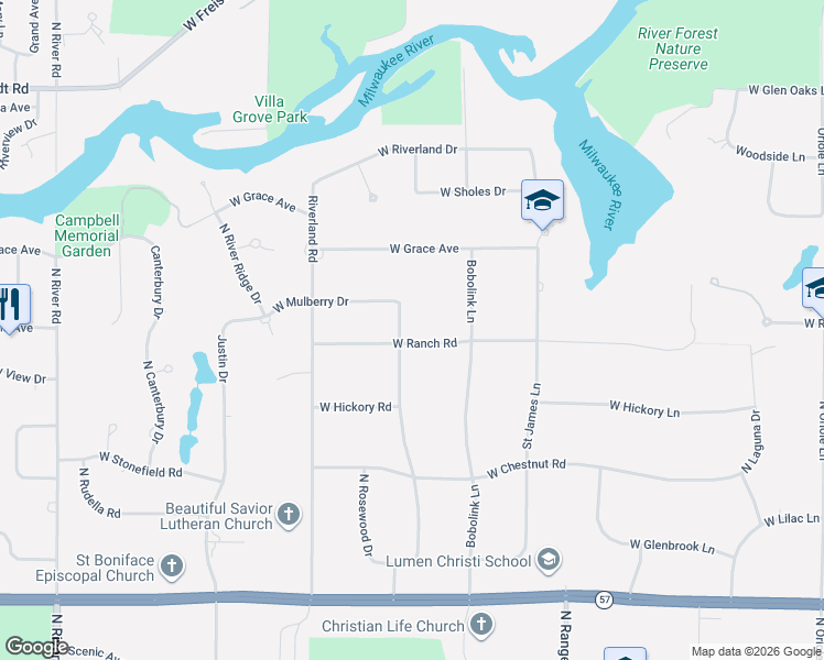 map of restaurants, bars, coffee shops, grocery stores, and more near 3155 West Ranch Road in Mequon