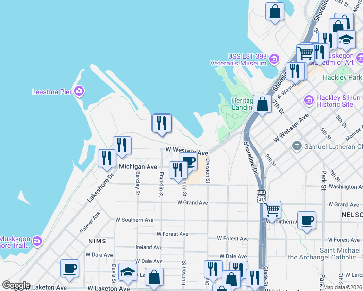 map of restaurants, bars, coffee shops, grocery stores, and more near 921 West Western Avenue in Muskegon