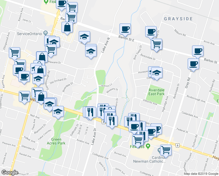 map of restaurants, bars, coffee shops, grocery stores, and more near 26 Blueberry Drive in Hamilton