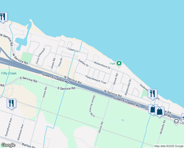 map of restaurants, bars, coffee shops, grocery stores, and more near 28 Tidemore Heights in Hamilton