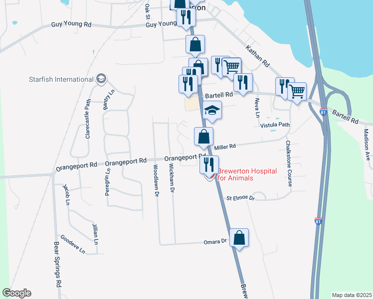 map of restaurants, bars, coffee shops, grocery stores, and more near 5461 Orangeport Road in Brewerton