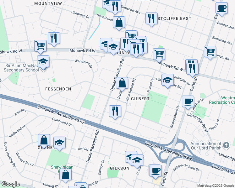 map of restaurants, bars, coffee shops, grocery stores, and more near 200 Darlington Drive in Hamilton