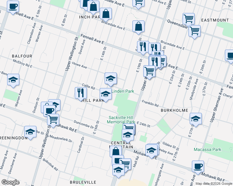 map of restaurants, bars, coffee shops, grocery stores, and more near 24 Linden Park Lane in Hamilton