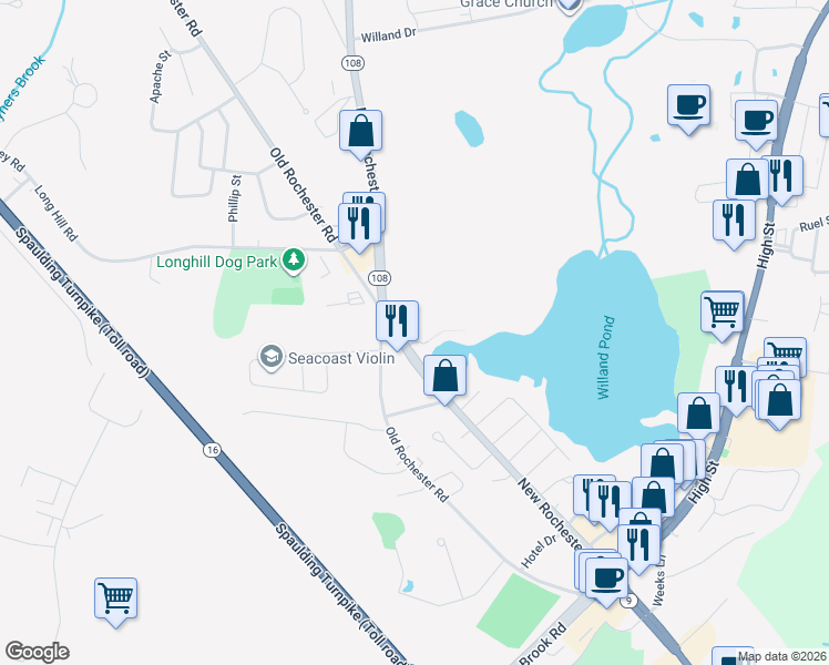 map of restaurants, bars, coffee shops, grocery stores, and more near 45 New Rochester Road in Dover