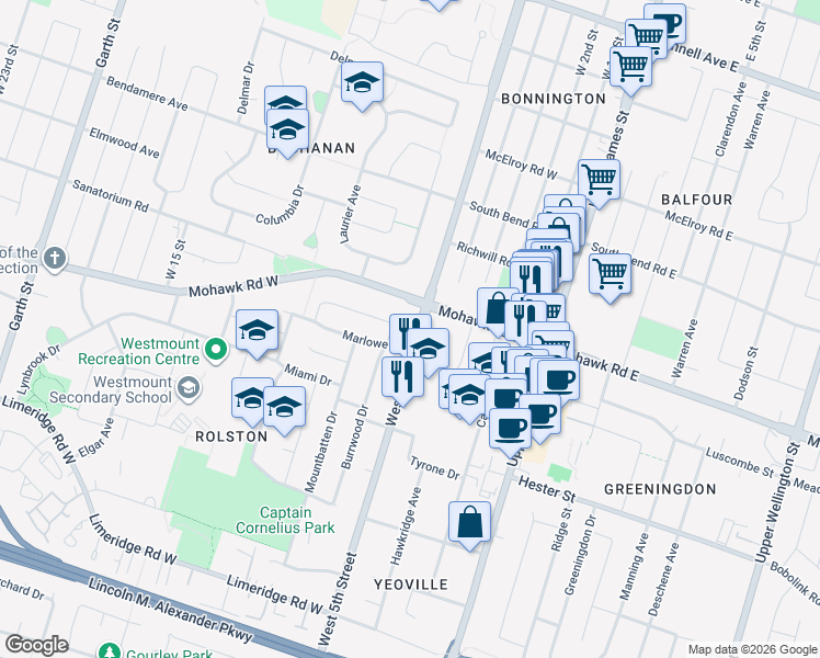 map of restaurants, bars, coffee shops, grocery stores, and more near 91 Mohawk Road West in Hamilton