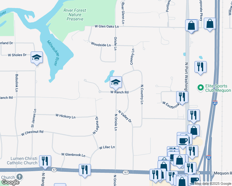 map of restaurants, bars, coffee shops, grocery stores, and more near 12850 North Oriole Lane in Mequon