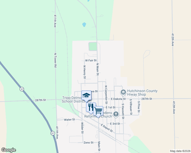 map of restaurants, bars, coffee shops, grocery stores, and more near North Main Street in Tripp