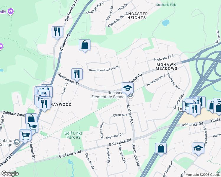 map of restaurants, bars, coffee shops, grocery stores, and more near 176 Longfield Crescent in Hamilton