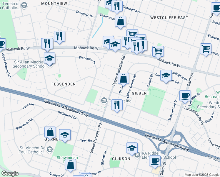 map of restaurants, bars, coffee shops, grocery stores, and more near 100 Hadeland Avenue in Hamilton