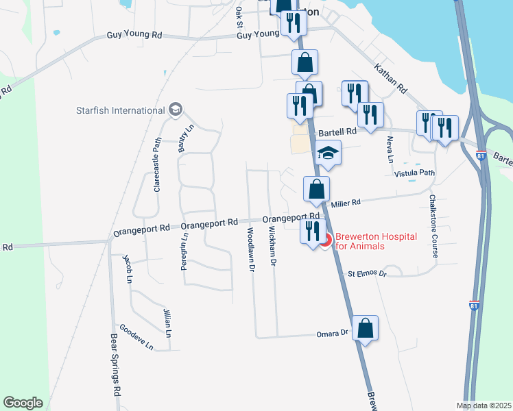 map of restaurants, bars, coffee shops, grocery stores, and more near 9481 North Wickham Drive in Brewerton