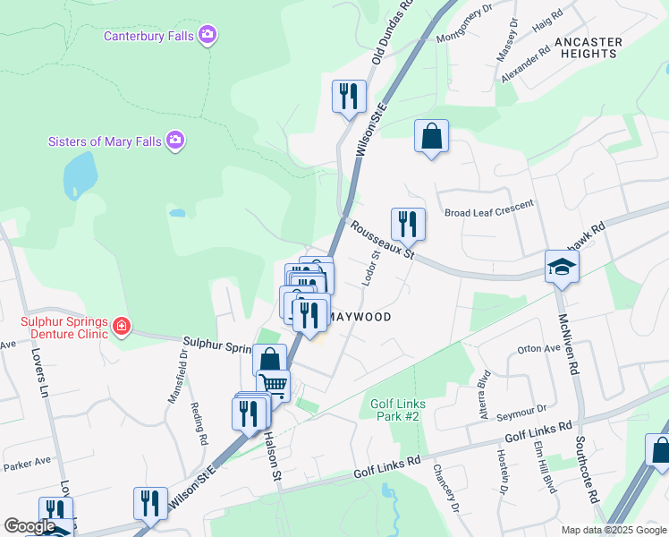 map of restaurants, bars, coffee shops, grocery stores, and more near 450 Wilson Street East in Hamilton
