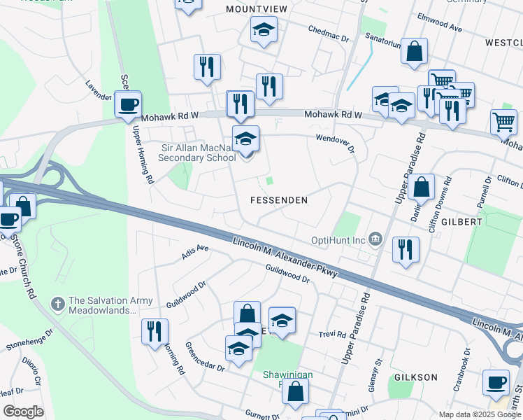 map of restaurants, bars, coffee shops, grocery stores, and more near 45 Appleford Road in Hamilton