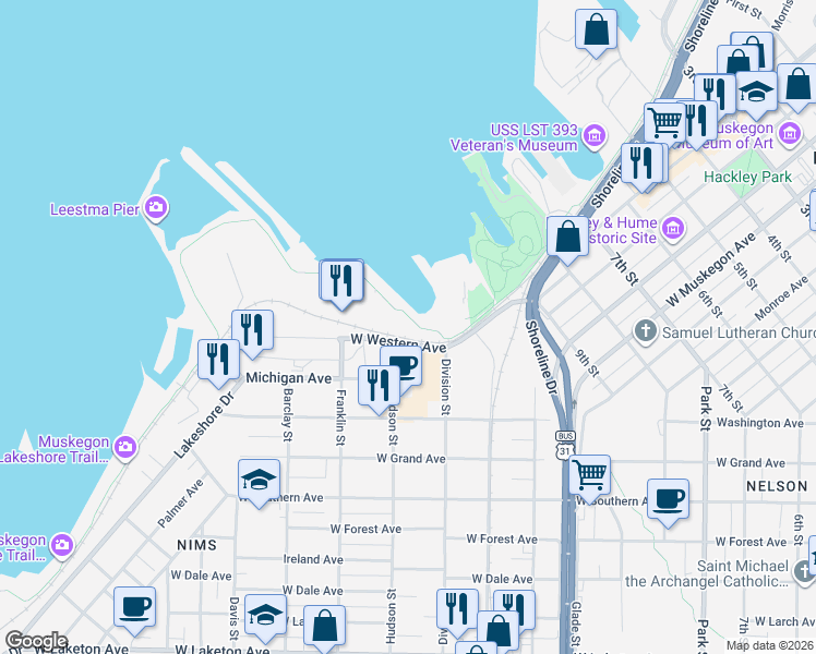 map of restaurants, bars, coffee shops, grocery stores, and more near 1010 Western Avenue in Muskegon