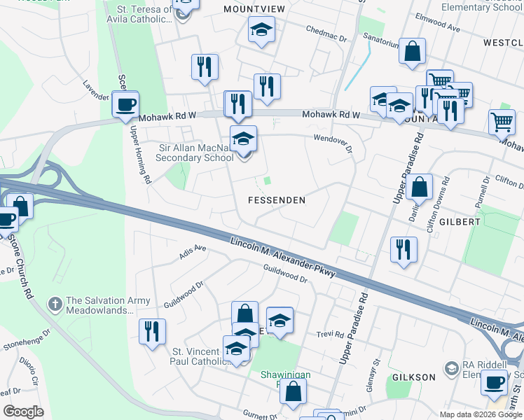 map of restaurants, bars, coffee shops, grocery stores, and more near 45 Appleford Road in Hamilton