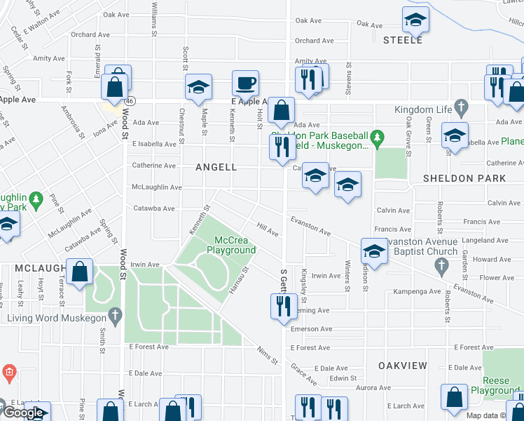 map of restaurants, bars, coffee shops, grocery stores, and more near 749 Evanston Avenue in Muskegon