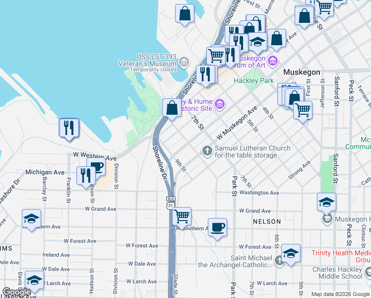 map of restaurants, bars, coffee shops, grocery stores, and more near 1237 8th Street in Muskegon