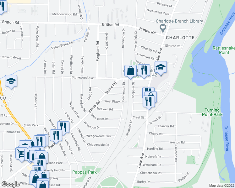 map of restaurants, bars, coffee shops, grocery stores, and more near 30 Lakewood Drive in Rochester