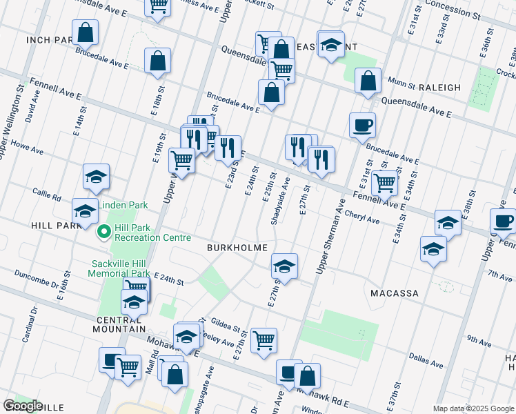 map of restaurants, bars, coffee shops, grocery stores, and more near 362 East 25th Street in Hamilton