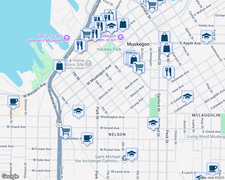 map of restaurants, bars, coffee shops, grocery stores, and more near 353 Monroe Avenue in Muskegon