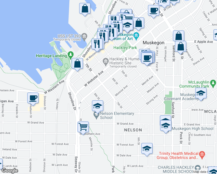 map of restaurants, bars, coffee shops, grocery stores, and more near 464 Houston Avenue in Muskegon