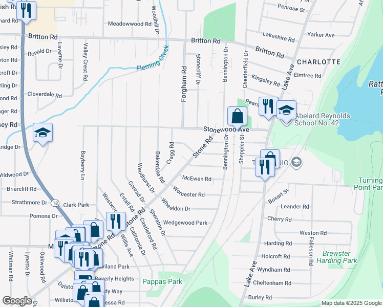 map of restaurants, bars, coffee shops, grocery stores, and more near 104 Stone Road in Rochester
