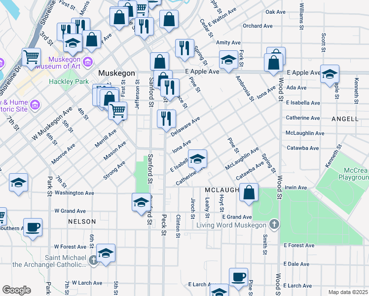 map of restaurants, bars, coffee shops, grocery stores, and more near 1244 Ransom Street in Muskegon