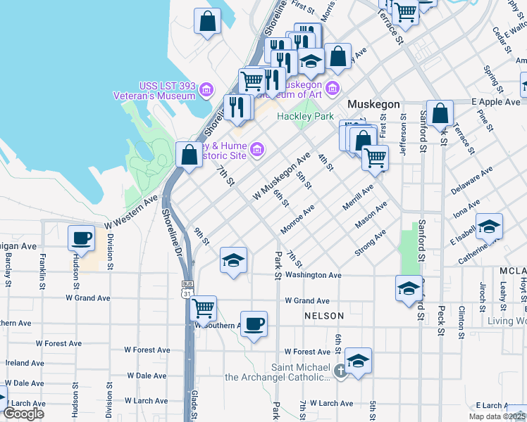 map of restaurants, bars, coffee shops, grocery stores, and more near 1221 6th Street in Muskegon