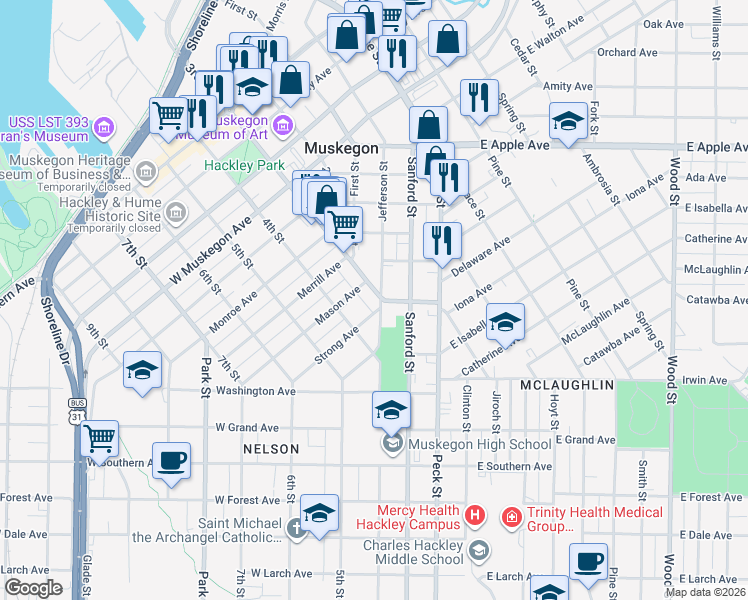 map of restaurants, bars, coffee shops, grocery stores, and more near 1172 3rd Street in Muskegon