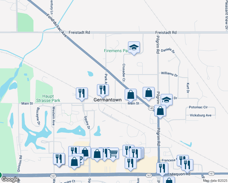 map of restaurants, bars, coffee shops, grocery stores, and more near W162N11670 Park Avenue in Germantown
