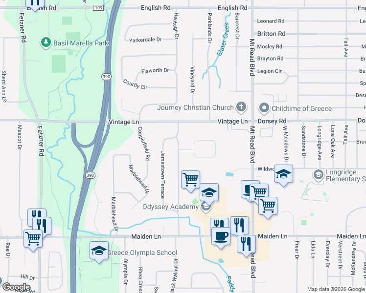 map of restaurants, bars, coffee shops, grocery stores, and more near 334 Heritage Drive in Rochester