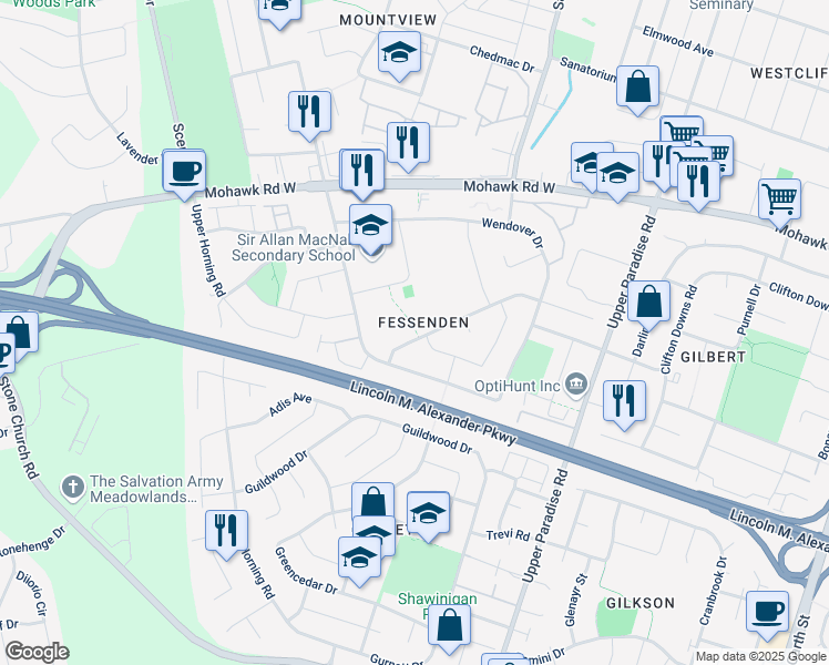 map of restaurants, bars, coffee shops, grocery stores, and more near 45 Appleford Road in Hamilton