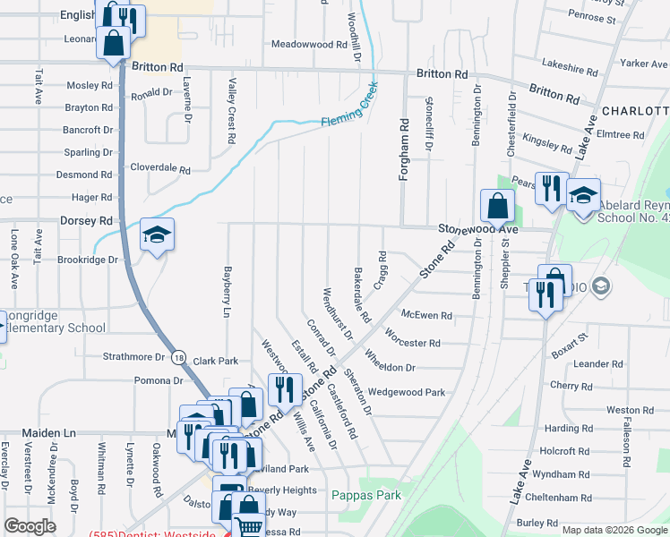 map of restaurants, bars, coffee shops, grocery stores, and more near 175 Wendhurst Drive in Rochester