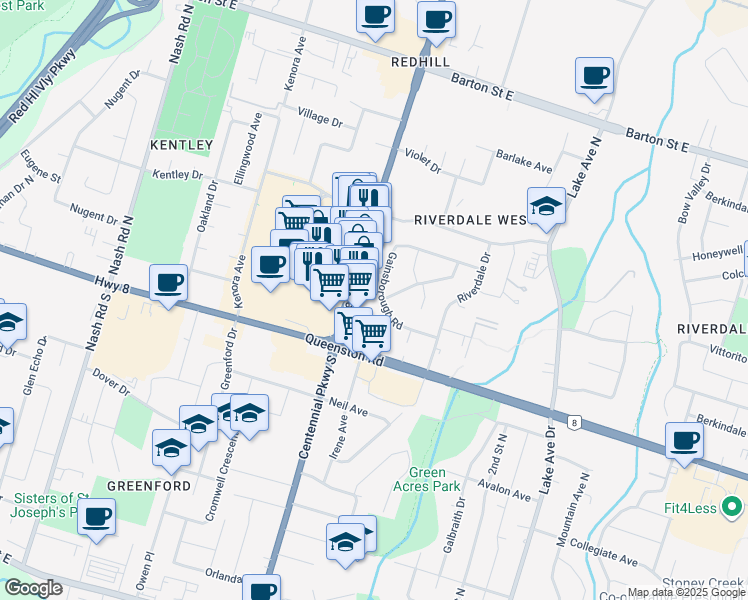 map of restaurants, bars, coffee shops, grocery stores, and more near 154 Gainsborough Road in Hamilton