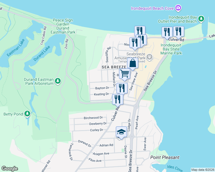 map of restaurants, bars, coffee shops, grocery stores, and more near 104 Breezeway Drive in Rochester