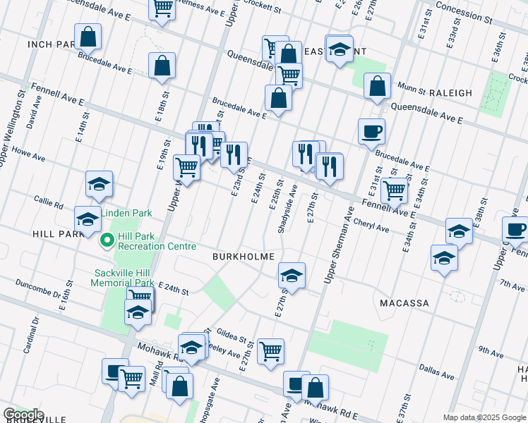 map of restaurants, bars, coffee shops, grocery stores, and more near 285 East 24th Street in Hamilton
