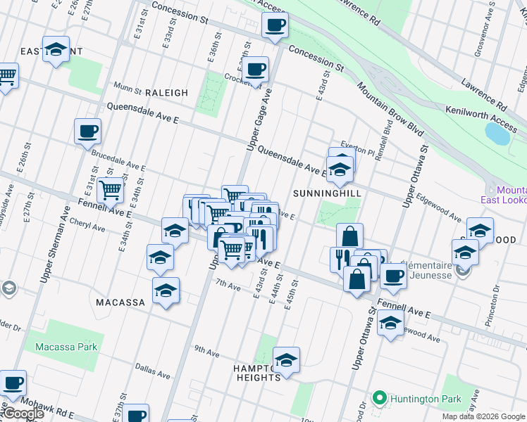 map of restaurants, bars, coffee shops, grocery stores, and more near 830 Brucedale Avenue East in Hamilton