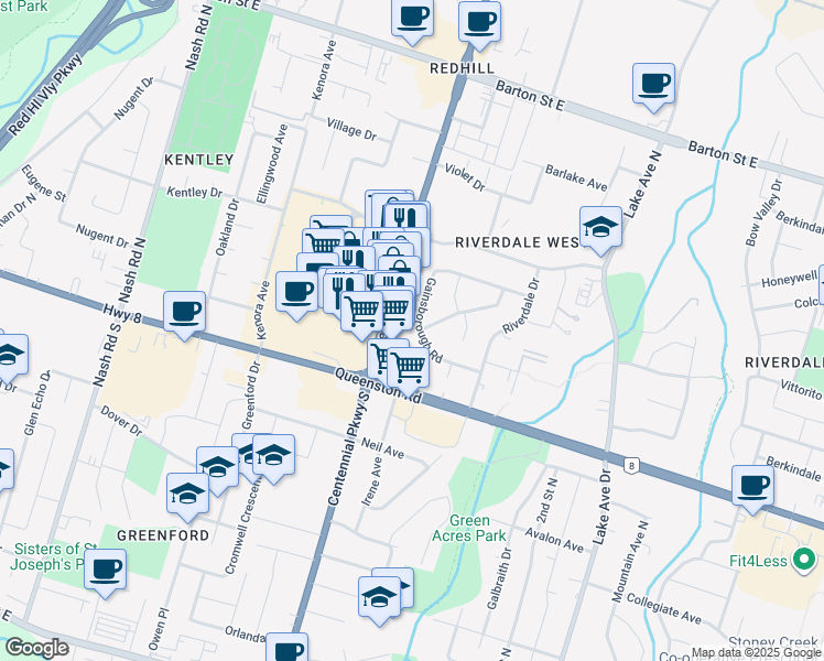 map of restaurants, bars, coffee shops, grocery stores, and more near 154 Gainsborough Road in Hamilton