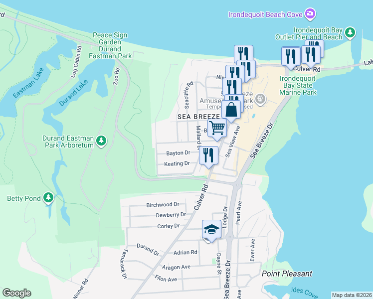 map of restaurants, bars, coffee shops, grocery stores, and more near 104 Breezeway Drive in Rochester