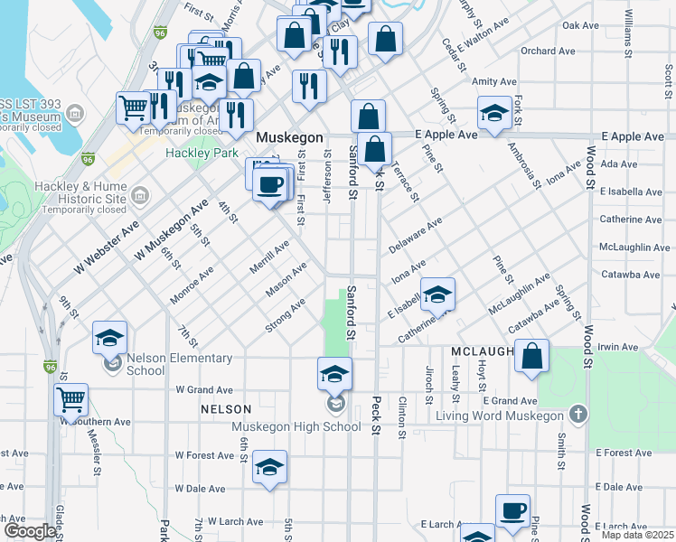 map of restaurants, bars, coffee shops, grocery stores, and more near 86 Strong Avenue in Muskegon