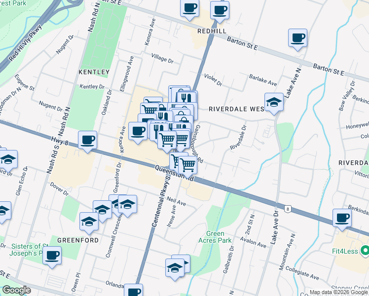 map of restaurants, bars, coffee shops, grocery stores, and more near 148 Gainsborough Road in Hamilton