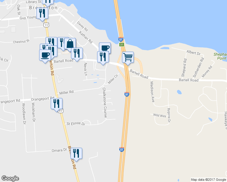 map of restaurants, bars, coffee shops, grocery stores, and more near 9468 Chalkstone Course in Brewerton