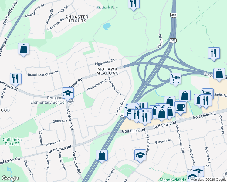 map of restaurants, bars, coffee shops, grocery stores, and more near 132 Algonquin Avenue in Hamilton