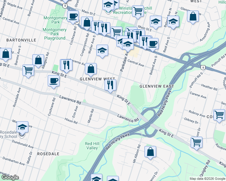 map of restaurants, bars, coffee shops, grocery stores, and more near 2329 King Street East in Hamilton