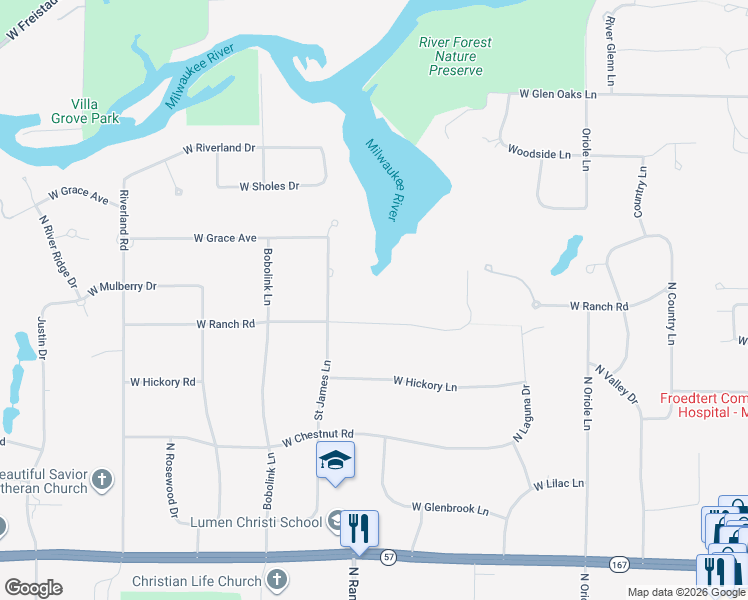 map of restaurants, bars, coffee shops, grocery stores, and more near 11652 Saint James Lane in Mequon
