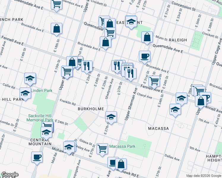 map of restaurants, bars, coffee shops, grocery stores, and more near 33 Shadyside Avenue in Hamilton