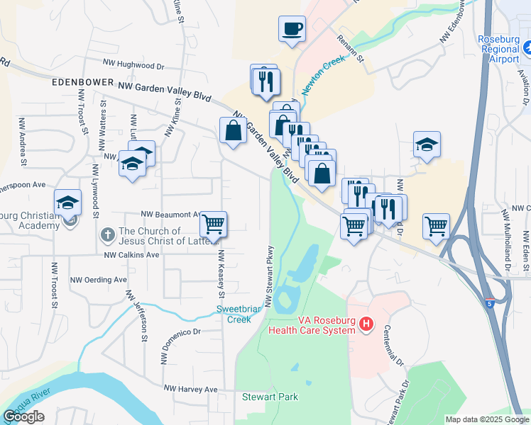 map of restaurants, bars, coffee shops, grocery stores, and more near 1719 Northwest Lemans Street in Roseburg