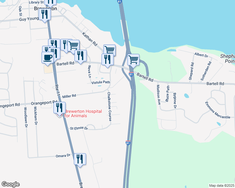 map of restaurants, bars, coffee shops, grocery stores, and more near 9468 Chalkstone Course in Brewerton