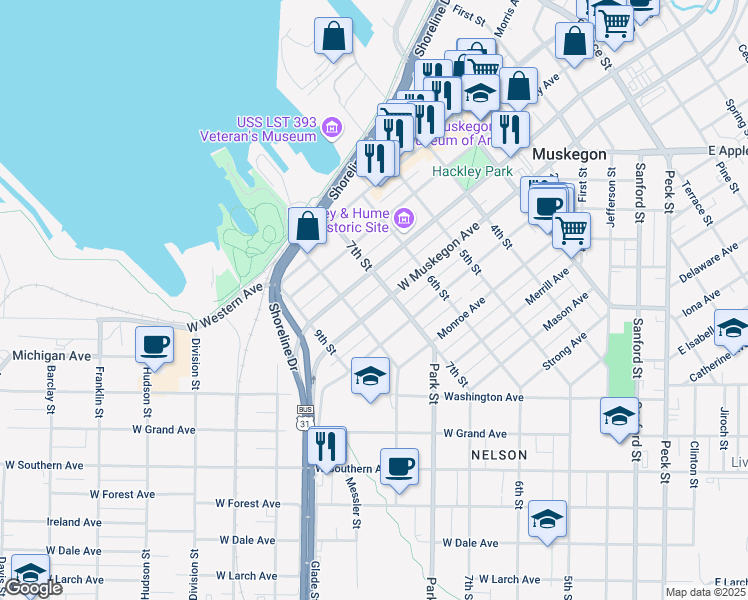 map of restaurants, bars, coffee shops, grocery stores, and more near in Muskegon